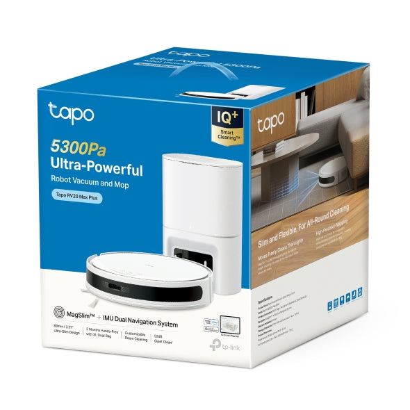 Tapo RV20 Max Plus White - 5300Pa 超強吸力掃拖機器人 + 智能集塵箱底座 (MagSlim™ LiDAR 導航) (Tapo IQ+ 智慧清潔™)