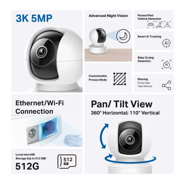 Tapo C232 - 3k 5MP AI 旋轉式 Wi-Fi 攝影機 Pan/Tilt Security Wi-Fi Camera  (可插網線)