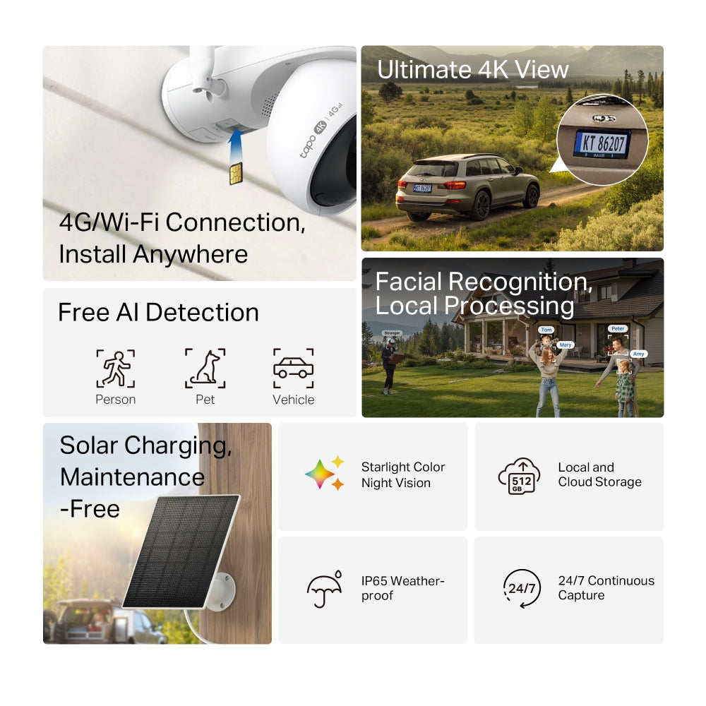 Tapo C665G KIT - 4K 8MP 4G LTE 旋轉式電池 Wi-Fi 攝影機 + 太陽能板套裝 (可Wi-Fi / 4G Sim-Card 連線) (Solar-Powered KIT)