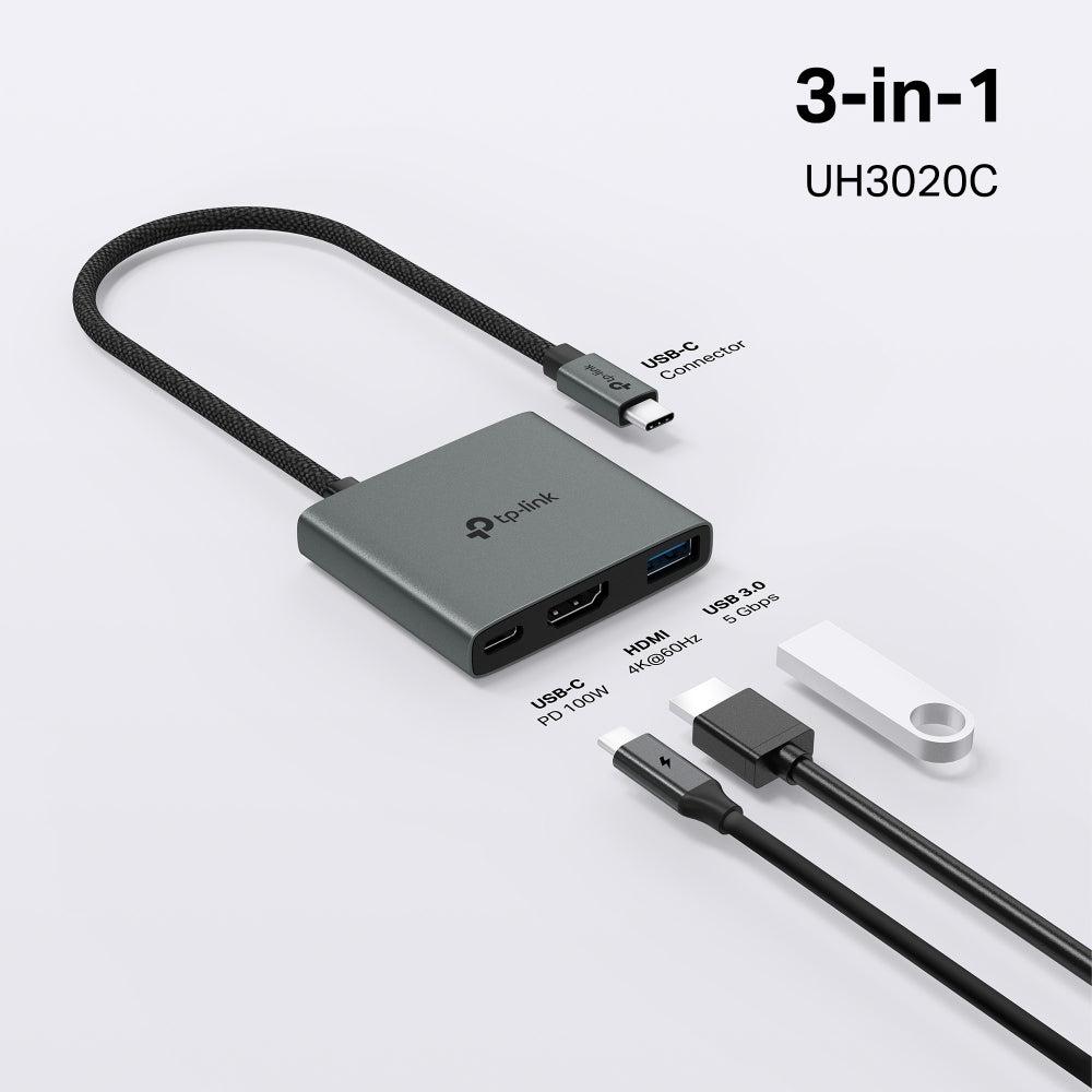 UH3020C - USB Type-C 3 in 1 集線器 High Speed 3 in 1 Hubs / Adapter (100W快速充電埠) (5 Gbps 高速資料傳輸)