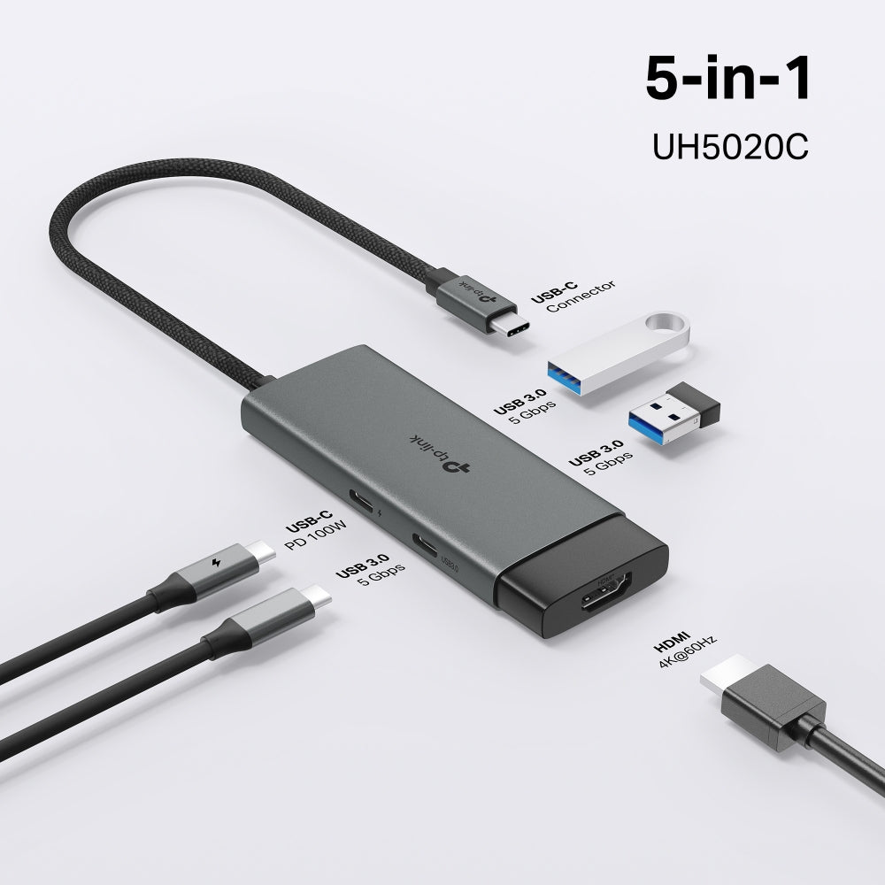 UH5020C - USB Type-C 5 in 1 集線器 High Speed 5 in 1 Hubs / Adapter (100W快速充電埠) (5 Gbps 高速資料傳輸)