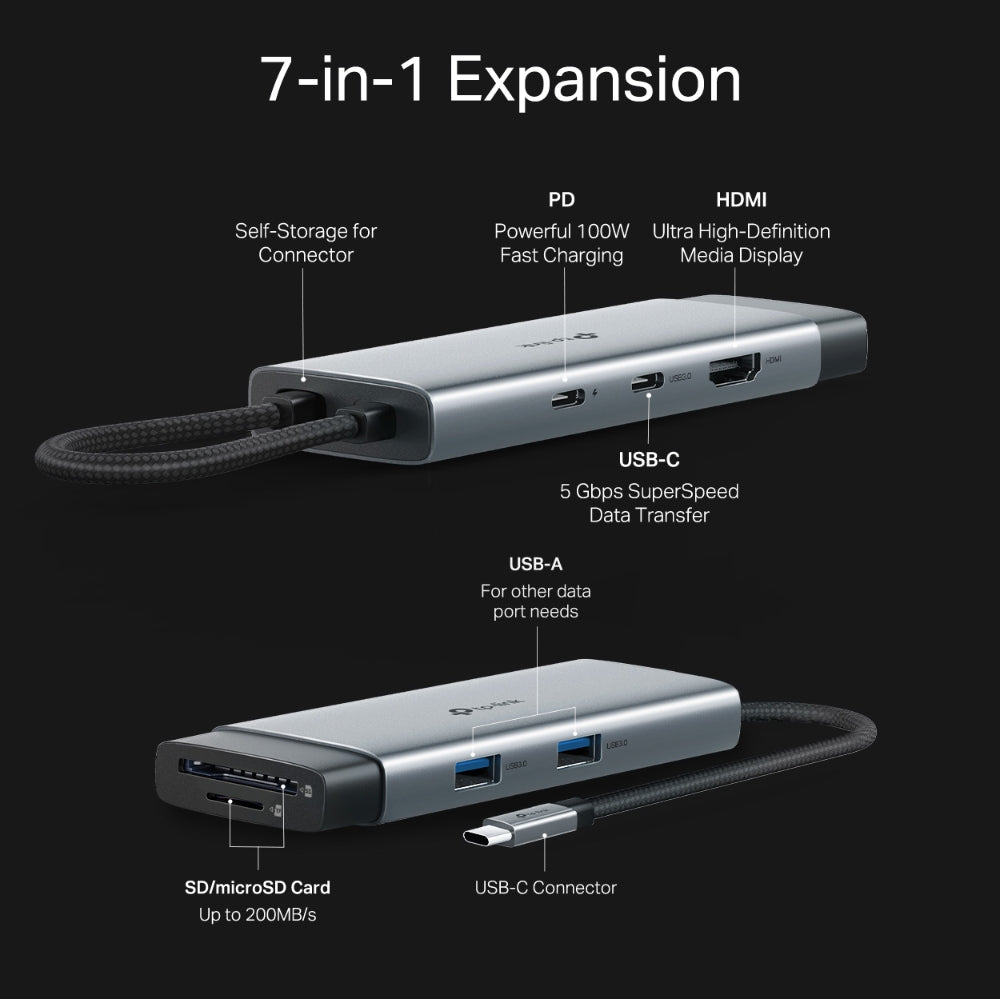 UH7020C - USB Type-C 7 in 1 集線器 High Speed 7 in 1 Hubs / Adapter (100W快速充電埠) (5 Gbps 高速資料傳輸)