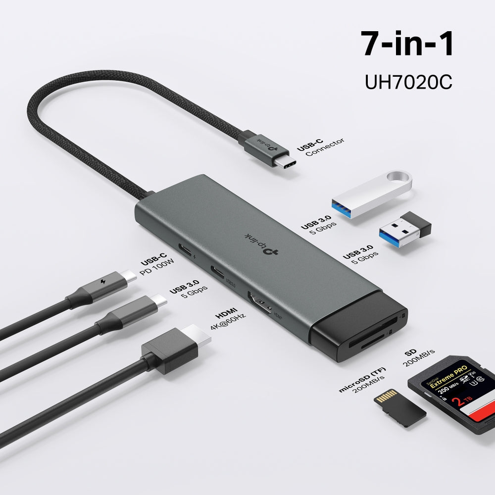UH7020C - USB Type-C 7 in 1 集線器 High Speed 7 in 1 Hubs / Adapter (100W快速充電埠) (5 Gbps 高速資料傳輸)